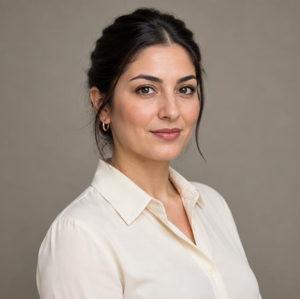Studio portrait of a Turkish-German female media psychologist in her thirties