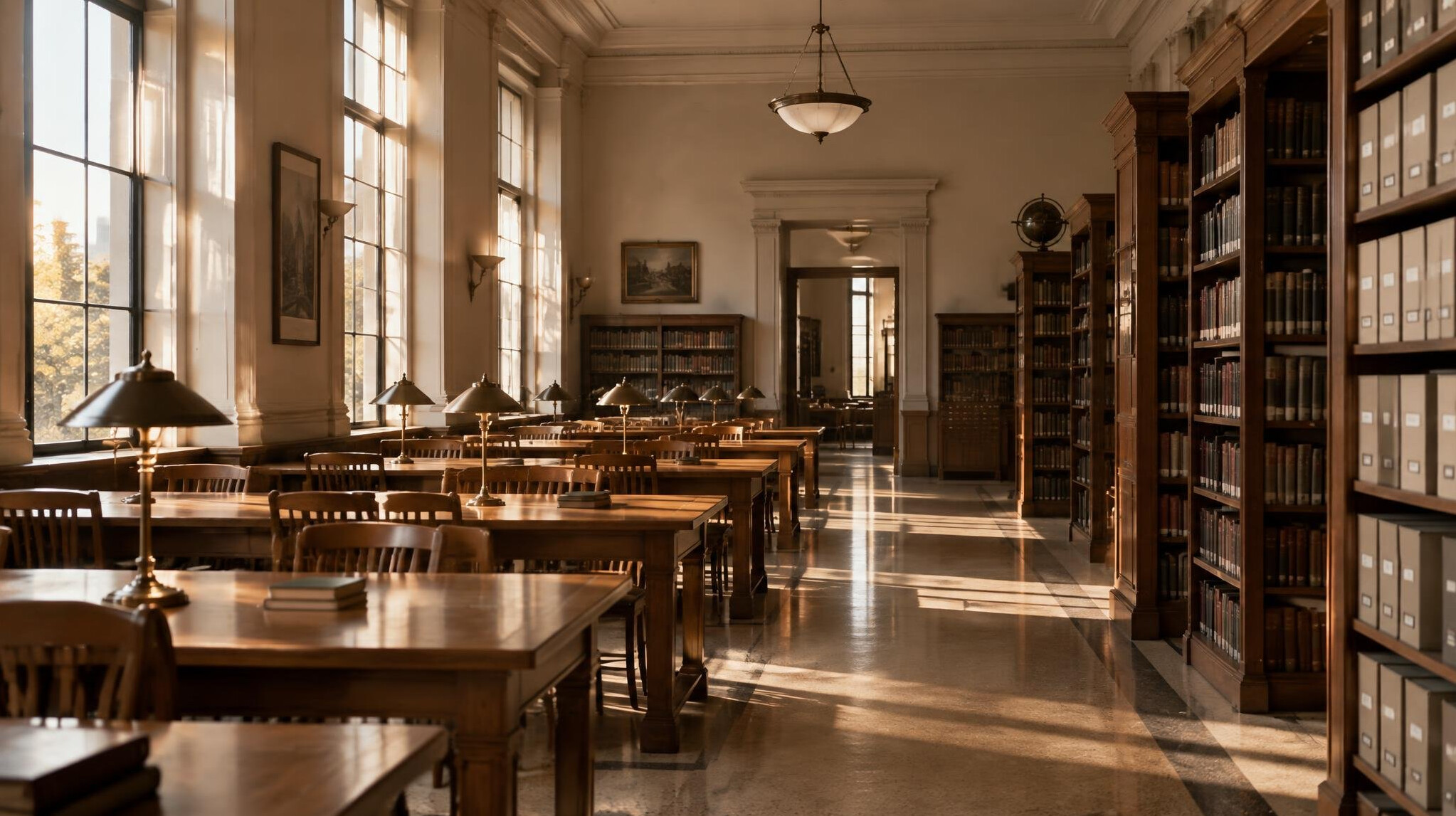 Empty reading room of an academic library with warm light